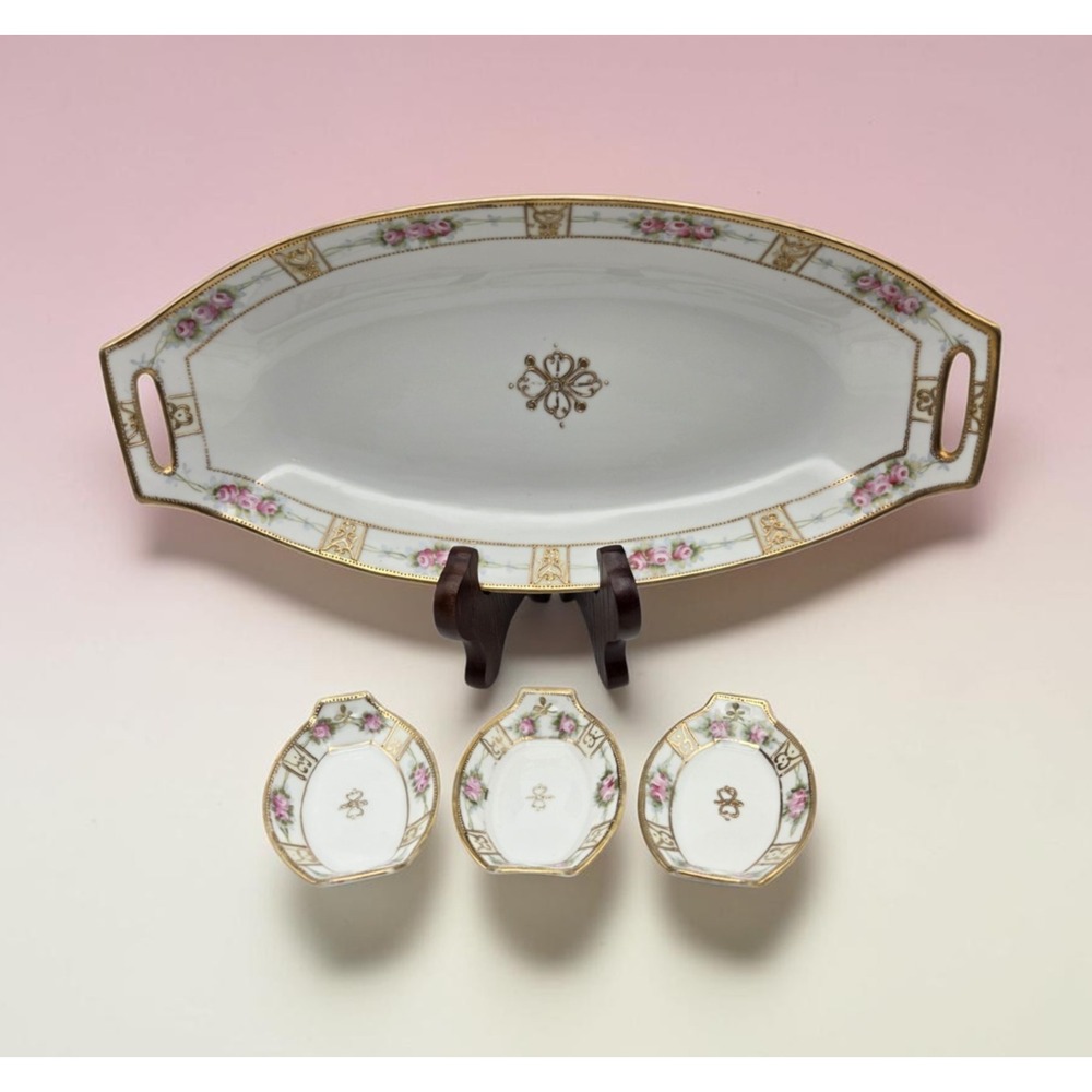 Antique Nippon Morimura Hand Painted Celery Dish & 3 Salt Cellars Floral Gold
